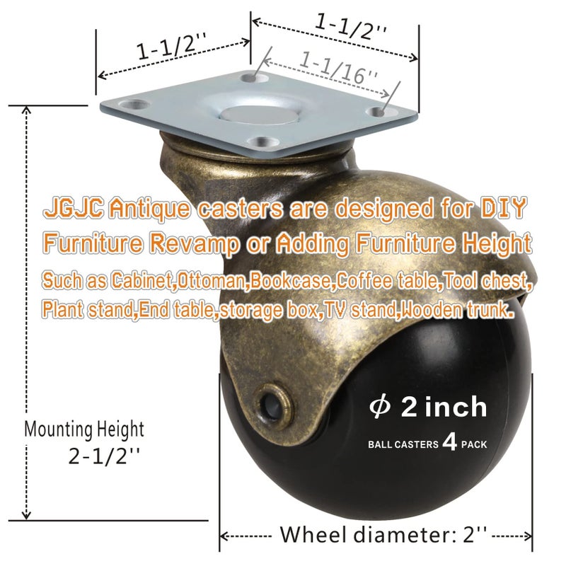 JGJC 2 inch Ball Caster Wheels  Furniture Casters Set of 4 Antique Brass  Heavy Duty Vintage Castor Wheels for Furniture  Ball Bearing 360 Degree Swivel Plate Casters for Furniture Legs - Image 2